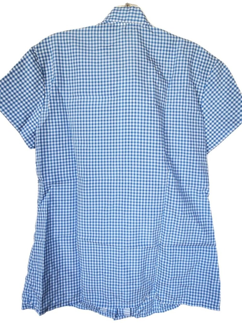 Vintage 70s Blue Gingham Blouse Tie Neck Short Sleeve Retro Top Sz L - Picture 3 of 3